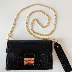 Black Faux Croc Bag with Gold Chain